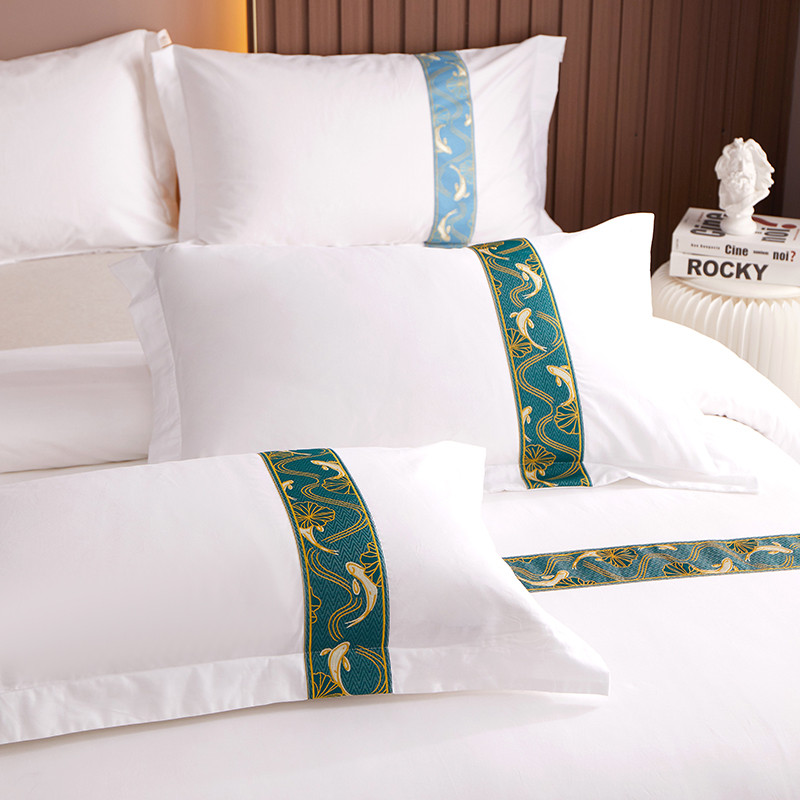 Dekorasi Pita Jacquard Set Tempat Tidur Hotel Katun 60S yang Disesuaikan Dekorasi Pita Jacquard Set Tempat Tidur Hotel Katun 60S yang Disesuaikan