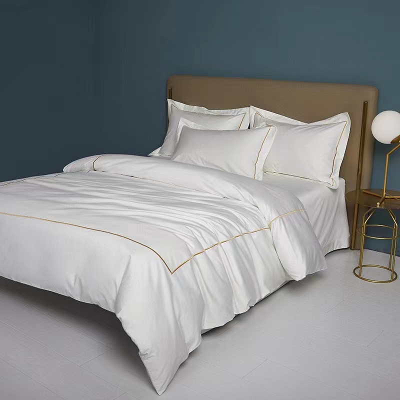 Satu Garis Bordir 100% Katun Putih 300TC Seprai Set Selimut Penutup Satu Garis Bordir 100% Katun Putih 300TC Seprai Set Selimut Penutup