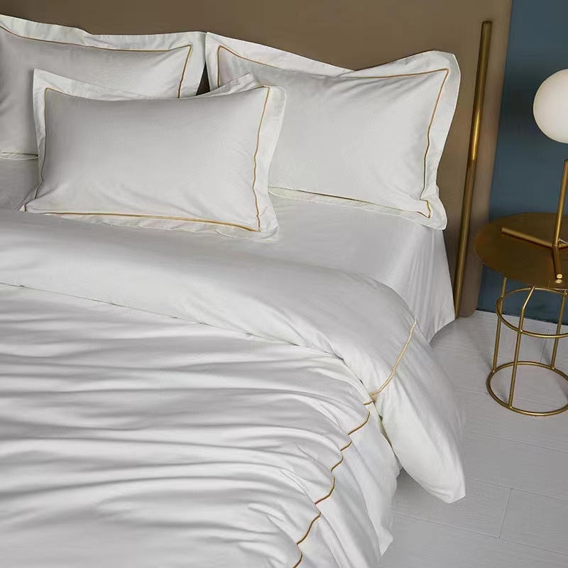Satu Garis Bordir 100% Katun Putih 300TC Seprai Set Selimut Penutup Satu Garis Bordir 100% Katun Putih 300TC Seprai Set Selimut Penutup