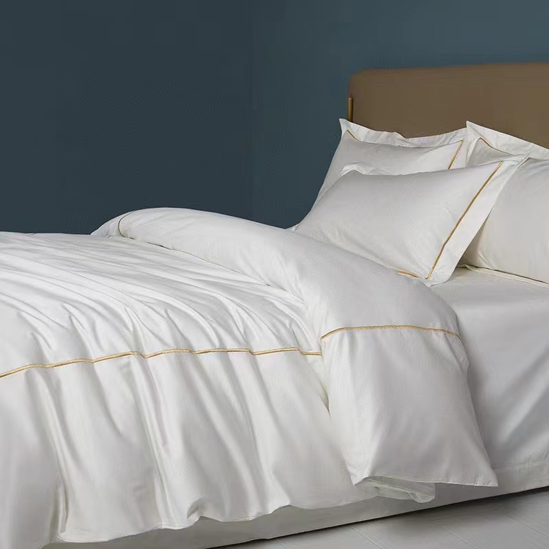 Satu Garis Bordir 100% Katun Putih 300TC Seprai Set Selimut Penutup Satu Garis Bordir 100% Katun Putih 300TC Seprai Set Selimut Penutup