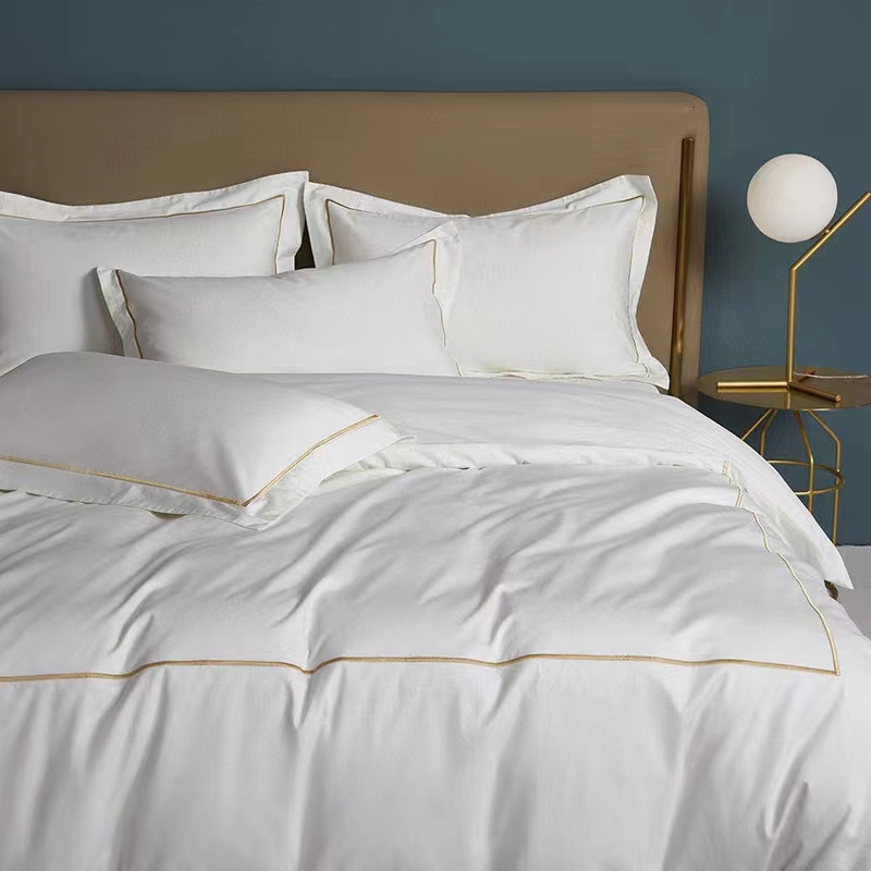 Satu Garis Bordir 100% Katun Putih 300TC Seprai Set Selimut Penutup Satu Garis Bordir 100% Katun Putih 300TC Seprai Set Selimut Penutup