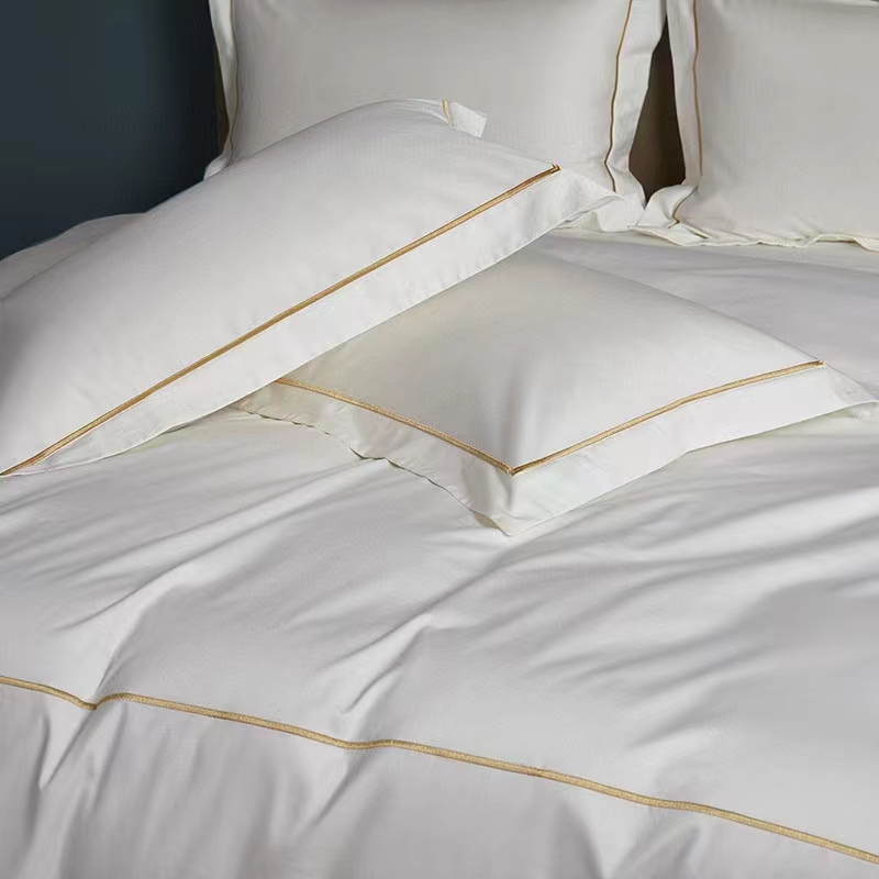 Satu Garis Bordir 100% Katun Putih 300TC Seprai Set Selimut Penutup Satu Garis Bordir 100% Katun Putih 300TC Seprai Set Selimut Penutup